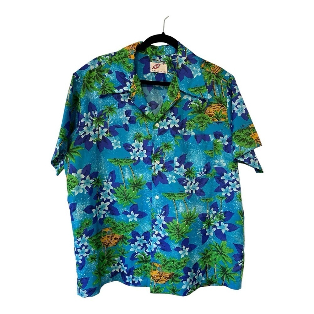 Hawaiian Vintage Short Sleeves Button Down Pomare Floral Blue Shirt - Size XL
